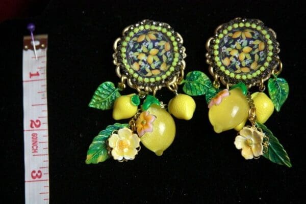 SOLD! 2347 Lemon Cameo Print Dangle Lemons Flowers Studs Earrings - Image 4