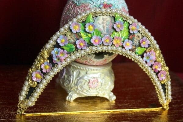 SOLD! 2351 Russian Cocoshnik Hand Painted Flower Pearl Crown Headband - Image 5