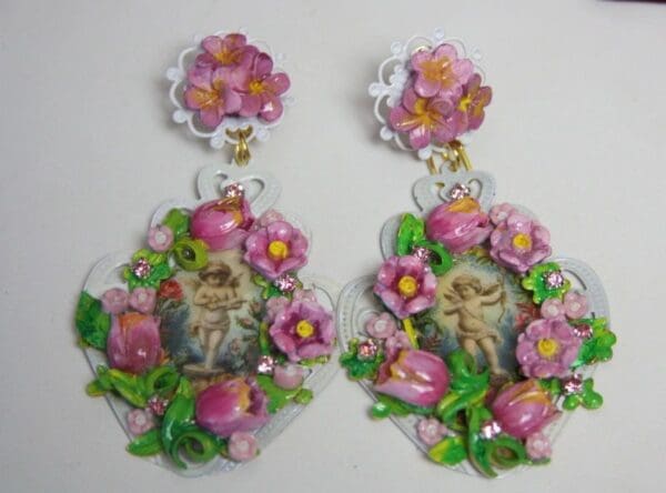 SOLD! 2353 Hand Painted Stunning Flower Cherub's Garden White Filigree Studs