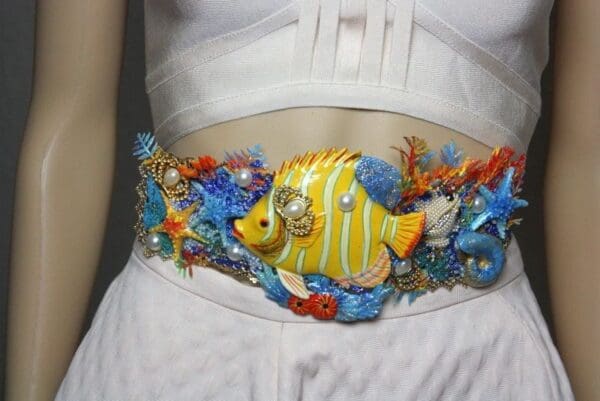 SOLD! 2385 Nautical Huge Tropical Yellow Fish Coral Embellished Waist Belt - Image 3