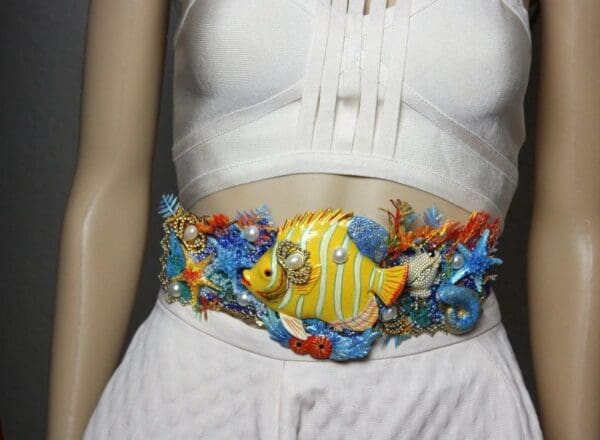SOLD! 2385 Nautical Huge Tropical Yellow Fish Coral Embellished Waist Belt - Image 4