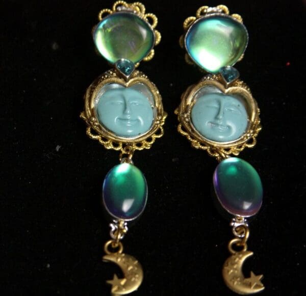 SOLD! 2389 Genuine Rainbow Topaz Carved Sun Turqoise Unusual Earrings - Image 3