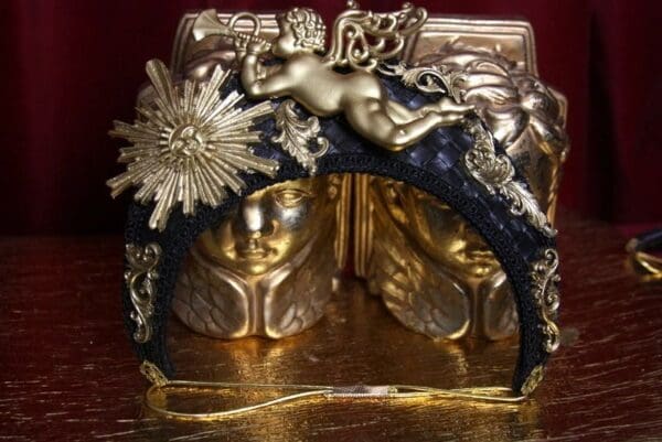 SOLD! 2508 Irregular Shape Total Baroque Gold Cherub Sun Leather Headband - Image 7