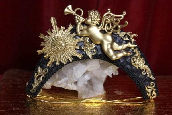 SOLD! 2508 Irregular Shape Total Baroque Gold Cherub Sun Leather Headband - Image 6
