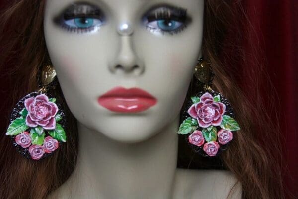 SOLD! 2413 Baroque Hand Painted Heart Rose Massive Studs Earrings - Image 2