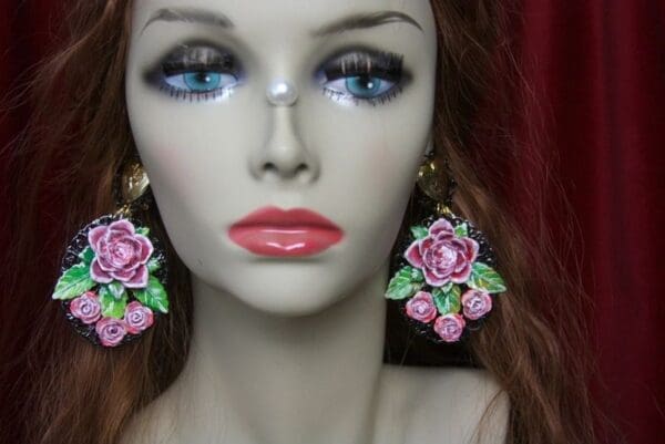 SOLD! 2413 Baroque Hand Painted Heart Rose Massive Studs Earrings - Image 5