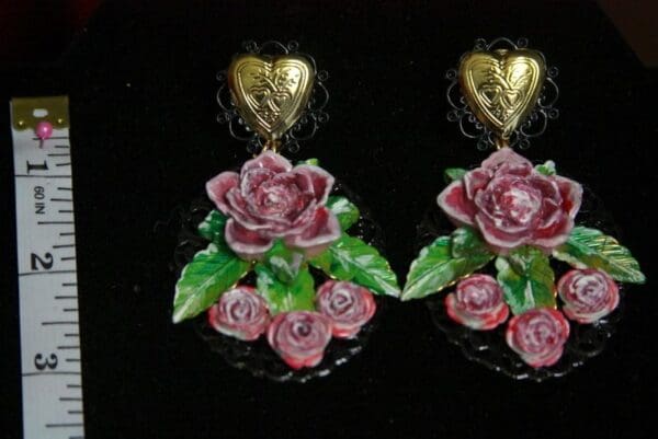 SOLD! 2413 Baroque Hand Painted Heart Rose Massive Studs Earrings - Image 3