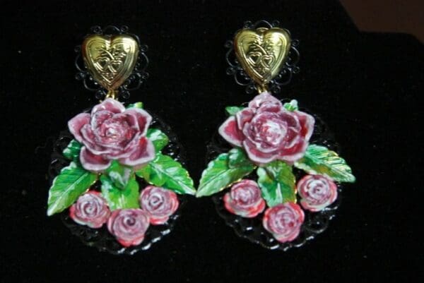 SOLD! 2413 Baroque Hand Painted Heart Rose Massive Studs Earrings - Image 4