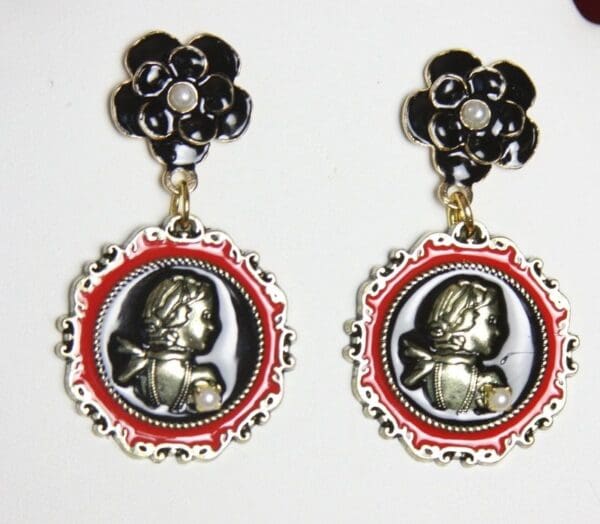SOLD! 2426 Medallion Coco Portrait Enamel Camellia Studs Earrings