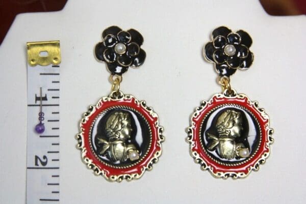 SOLD! 2426 Medallion Coco Portrait Enamel Camellia Studs Earrings - Image 4