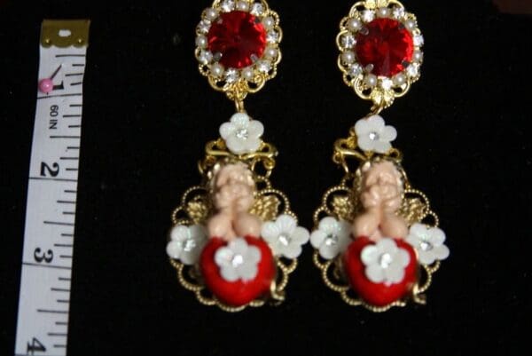 SOLD! 2452 Cherub Hand Painted Heart Red Crystal Studs - Image 3