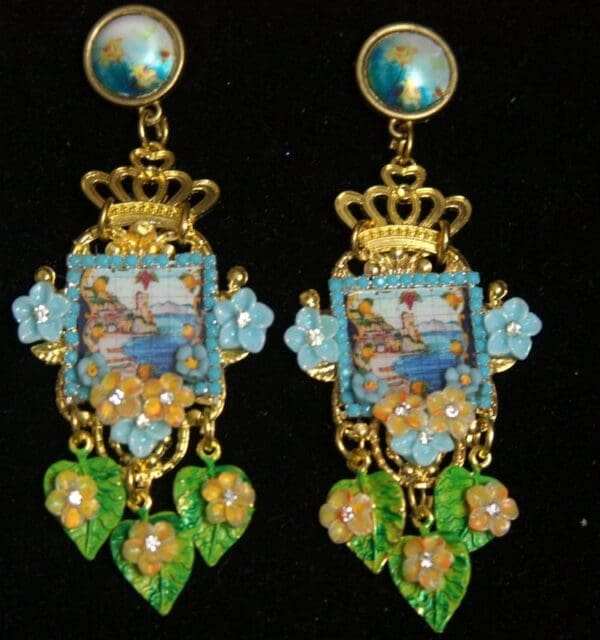 SOLD!2459 Sicilian Tile Taormina Leaf Crown Studs Earrings