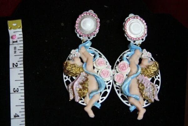 SOLD! 2466 Total Baroque Faced Hand Painted Cherubs Angel Studs Earrings - Image 4