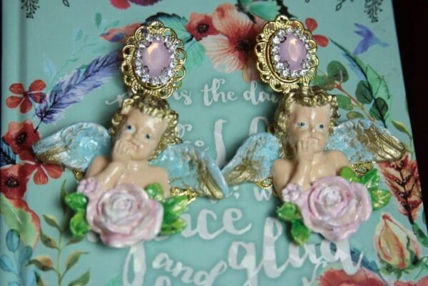 SOLD! 2467 Total Baroque Vivid Hand Painted Cherubs Pink Crystal Studs