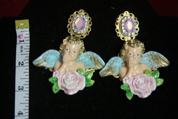 SOLD! 2467 Total Baroque Vivid Hand Painted Cherubs Pink Crystal Studs - Image 5