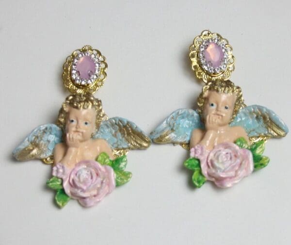 SOLD! 2467 Total Baroque Vivid Hand Painted Cherubs Pink Crystal Studs - Image 4