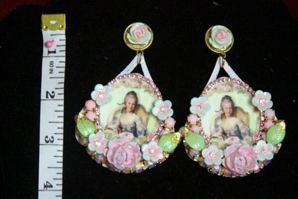 SOLD! 2471 Marie Antoinette Massive Cameo Hand Painted Flower Earrings - Image 4