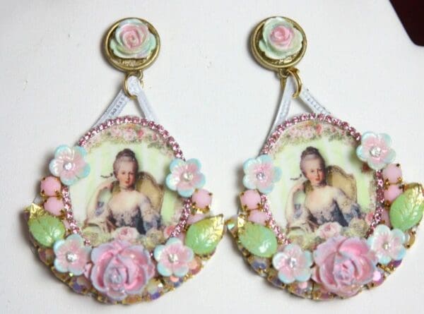 SOLD! 2471 Marie Antoinette Massive Cameo Hand Painted Flower Earrings - Image 5