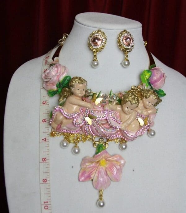 SOLD! 2489 Zibellini Baroque Vivid Hand Painted Cherubs Flower Neclace Set - Image 7