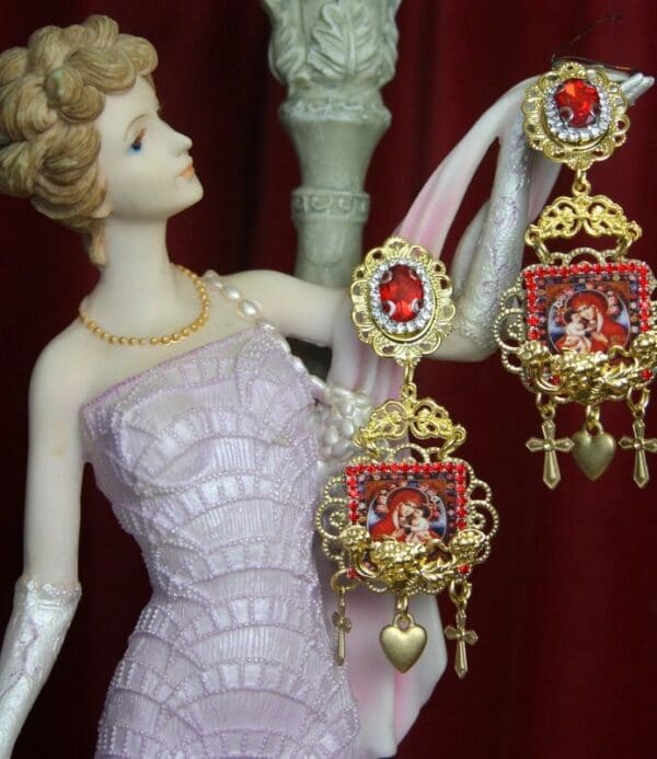 SOLD! 2513 Virgin Mary Heart Red Crystal Studs Earrings