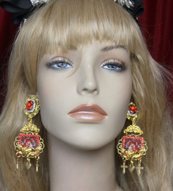 SOLD! 2513 Virgin Mary Heart Red Crystal Studs Earrings - Image 3