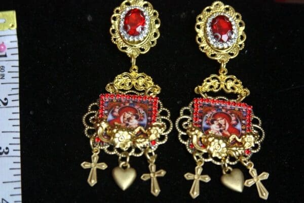 SOLD! 2513 Virgin Mary Heart Red Crystal Studs Earrings - Image 5