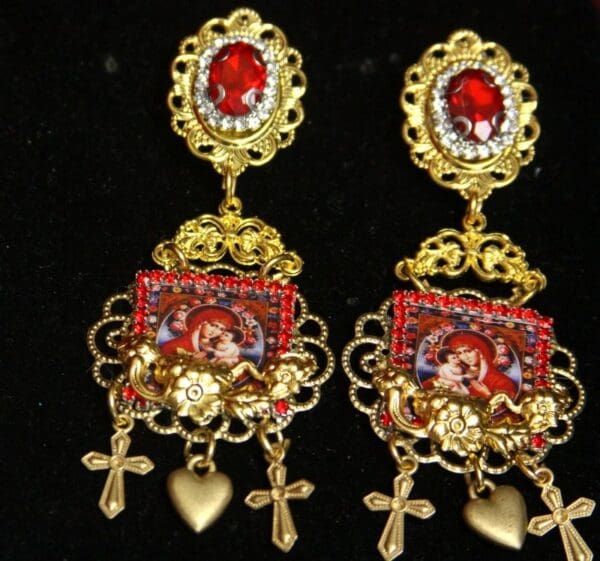 SOLD! 2513 Virgin Mary Heart Red Crystal Studs Earrings - Image 4