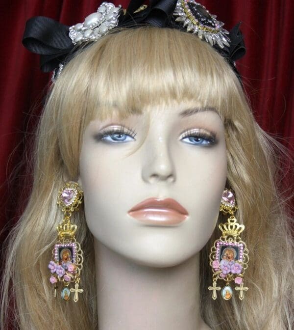 SOLD! 2516 Virgin Mary Cameo Purple Flower Studs Earrings - Image 6