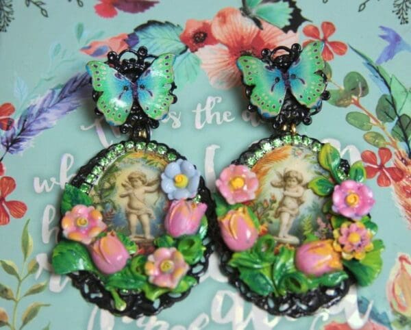 SOLD! 2523 Hand Painted Flower Cherub's Garden Black Earrings