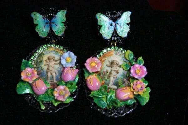 SOLD! 2523 Hand Painted Flower Cherub's Garden Black Earrings - Image 2
