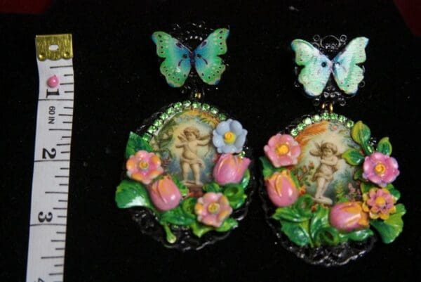 SOLD! 2523 Hand Painted Flower Cherub's Garden Black Earrings - Image 6
