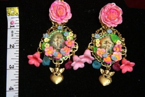 SOLD! 2524 Baroque Hand Painted Flower Cherub's Garden Earrings - Image 8