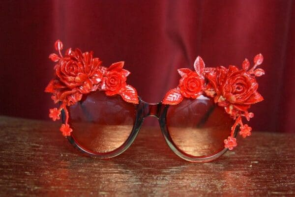 SOLD! 2556 Red Enamel Flower Baroque Embellished Sunglasses - Image 2