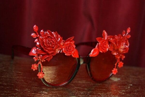 SOLD! 2556 Red Enamel Flower Baroque Embellished Sunglasses - Image 3