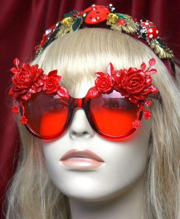 SOLD! 2556 Red Enamel Flower Baroque Embellished Sunglasses - Image 5