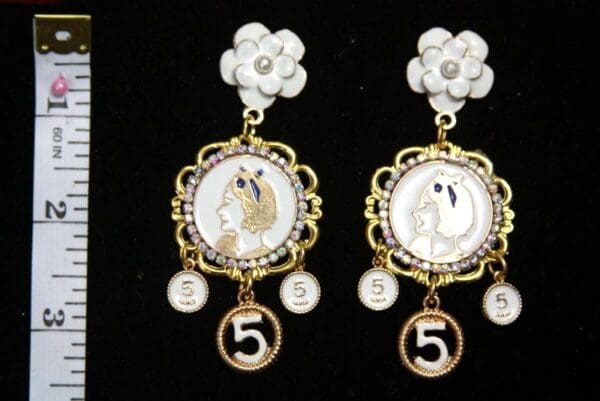 SOLD! 2567 White Camellia Enamel Number 5 Studs Earrings - Image 3