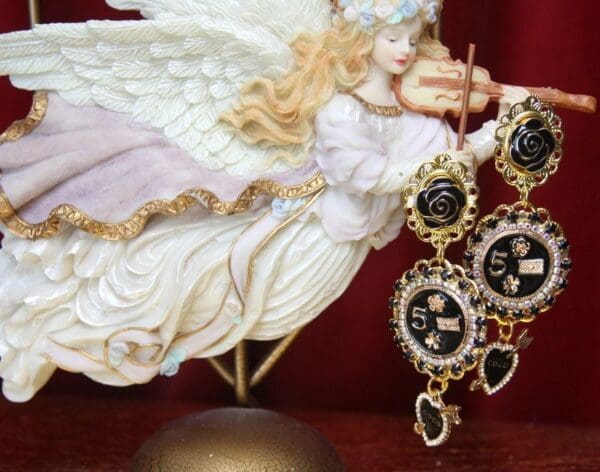 SOLD! 2574 Madam Coco Camellia Crystal Charm Heart Studs Earrings - Image 2
