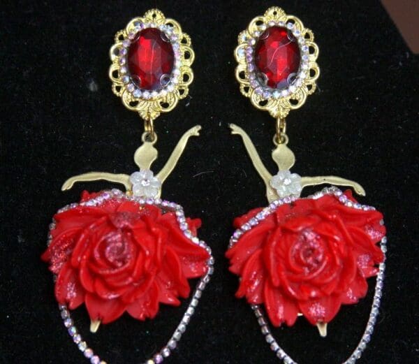 SOLD! 2579 Ballerina Peony Red Crystal Massive Earrings