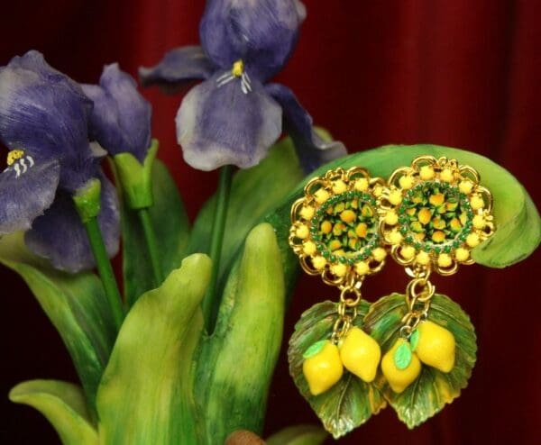 SOLD! 2590 Sicilian Lemon Print Cameo Lemin Leaf Studs Earrings - Image 2