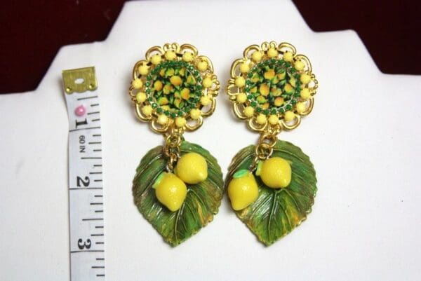 SOLD! 2590 Sicilian Lemon Print Cameo Lemin Leaf Studs Earrings - Image 3