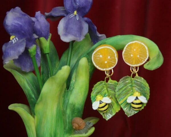 SOLD! 2591 Baroque Sicilian Orange Hand Painted Leaf Bee Studs Earrings - Image 2