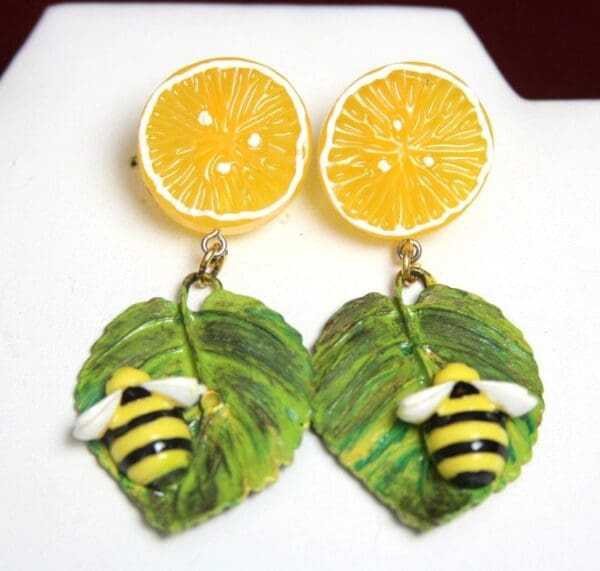 SOLD! 2591 Baroque Sicilian Orange Hand Painted Leaf Bee Studs Earrings - Image 3