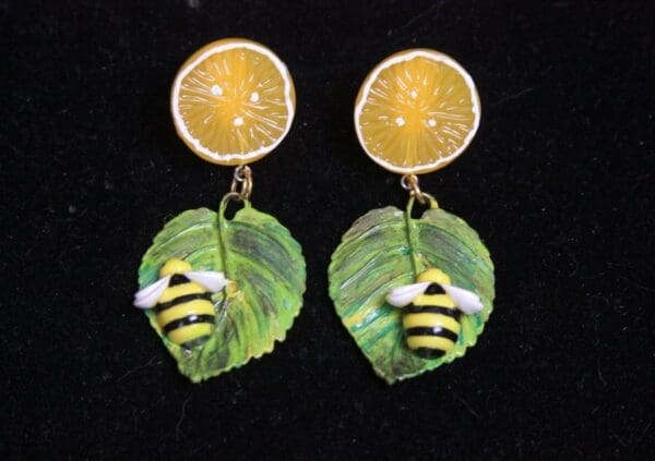 SOLD! 2591 Baroque Sicilian Orange Hand Painted Leaf Bee Studs Earrings - Image 7