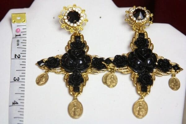 SOLD! 2591 Baroque Massive Black Rose Cross Coin Earrings - Image 2