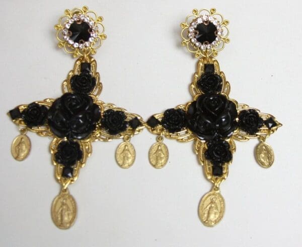 SOLD! 2591 Baroque Massive Black Rose Cross Coin Earrings - Image 3