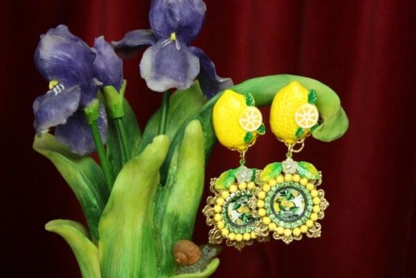 SOLD! 2596 Sicilian Tile Print Lemon Fancy Studs Earrings - Image 3