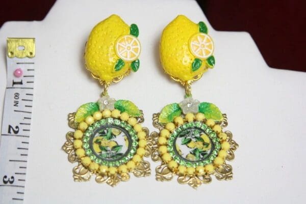 SOLD! 2596 Sicilian Tile Print Lemon Fancy Studs Earrings - Image 2