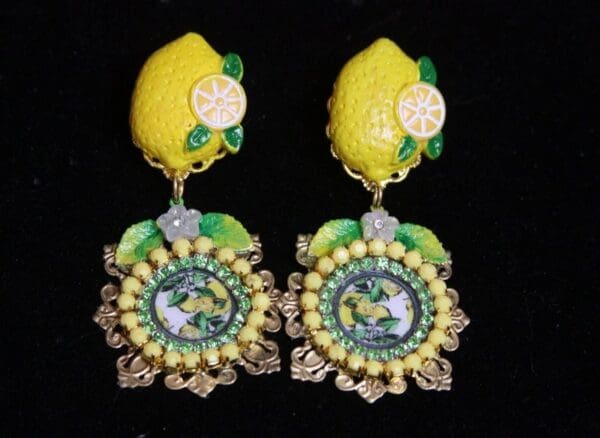 SOLD! 2596 Sicilian Tile Print Lemon Fancy Studs Earrings - Image 8