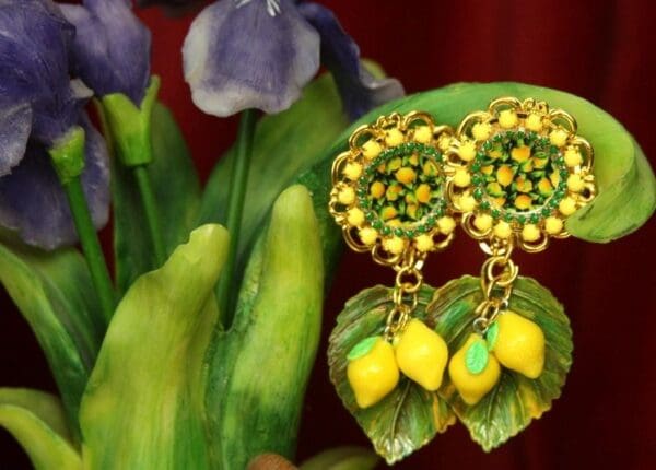SOLD! 2590 Sicilian Lemon Print Cameo Lemin Leaf Studs Earrings
