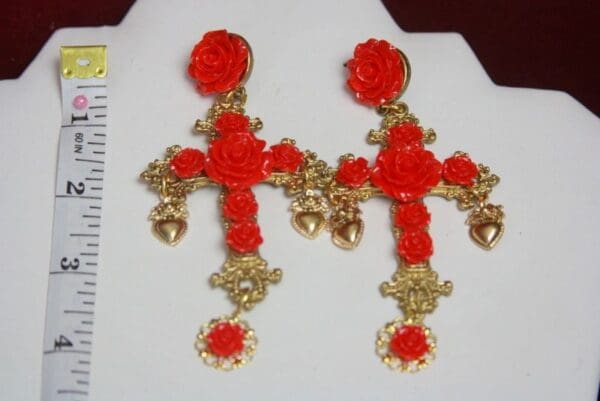 SOLD! 2597 Total Baroque Red Rose Coin Cross Studs Earrings - Image 2